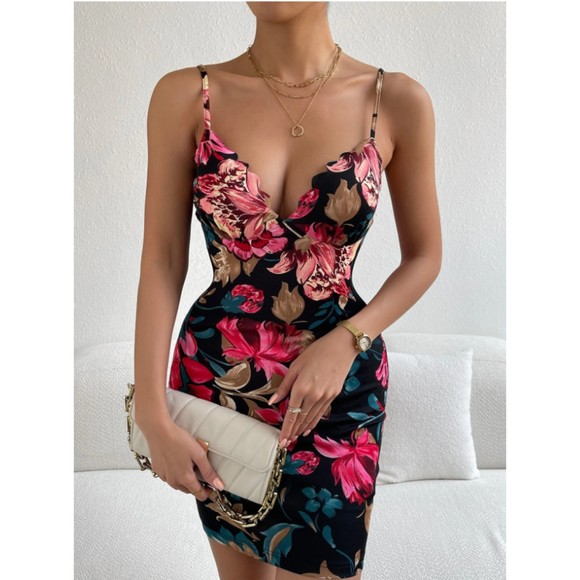 Privé Floral Print Scallop Trim Cami Bodycon Dress - Picture 2 of 6